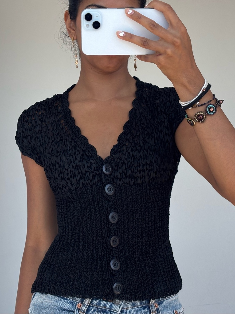 bebe Black Open-Knit V-Neck Button-Front Sweater